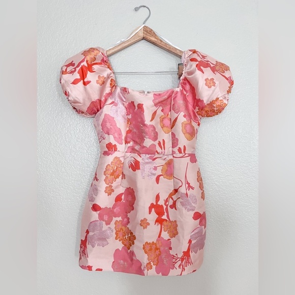 So Stunning Orange Multi Floral Jacquard Puff Sleeve Mini Dress - Picture 8 of 13